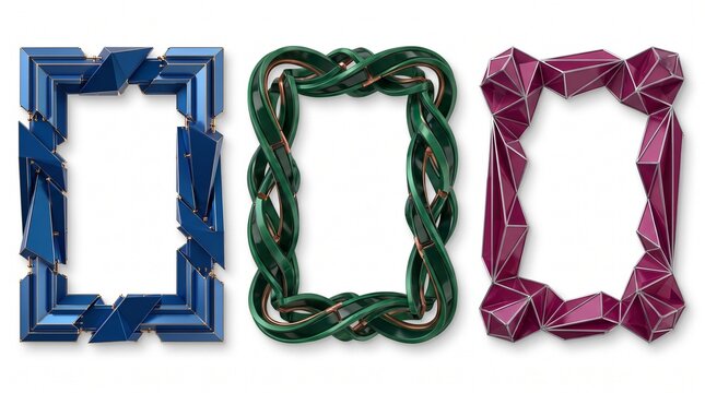 Abstract 3D picture frames set with geometric blue shards, twisted green vines, and purple low poly crystal textures. Modern decorative border collection for digital art and creative photography.