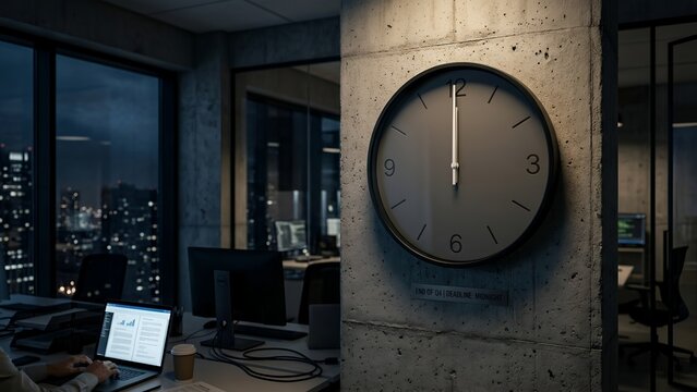 Modern Office Clock Showing Midnight Deadline During Overtime Work