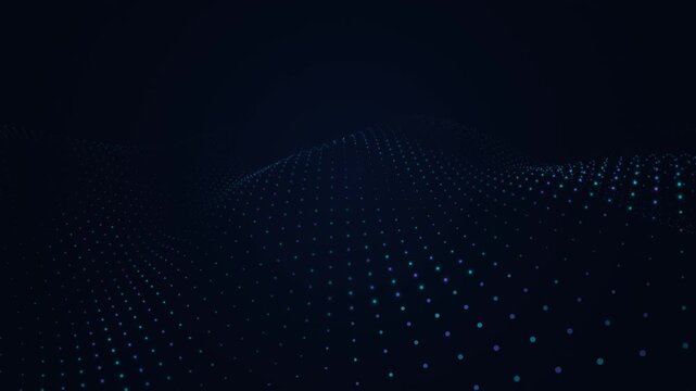 Glowing blue dots form an elegant oscillating wave motion in this abstract digital data visualization animation video clip design