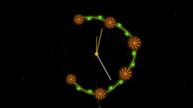 Abstract floral clock with glowing orange flowers on black background