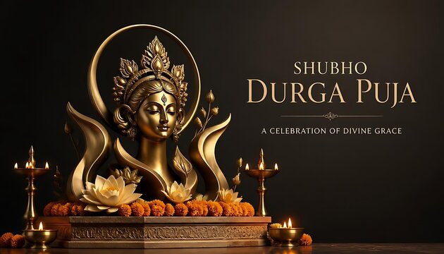 Shubh durga puja festival greeting card with golden goddess idol and lit diyas