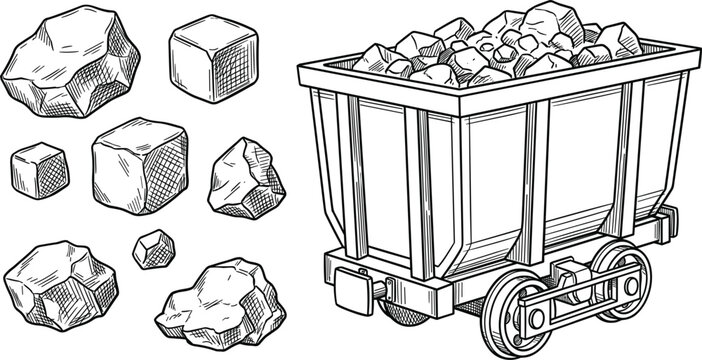 Vintage coal mining cart vector illustration set featuring hand drawn detailed sketches of rocks cubes and stones.