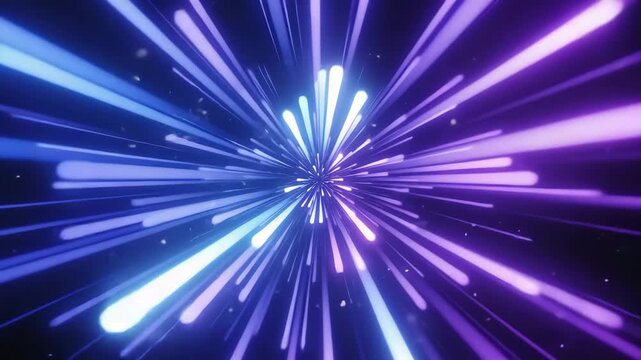 Abstract futuristic light speed tunnel with blue and purple glowing trails for technology, energy, motion and digital background applications