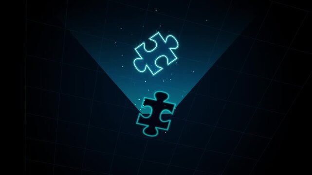 Neon puzzle piece icon reflecting on a dark grid background