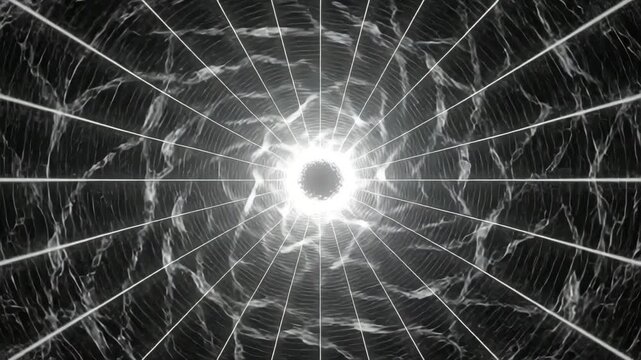 Abstract monochrome tunnel with radial lines and bright central light representing depth, speed, energy and futuristic transition