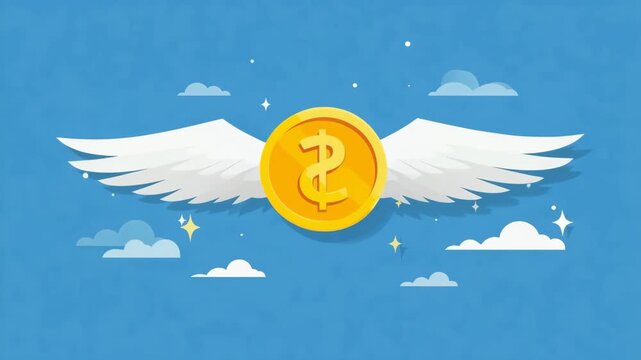 Winged golden dollar coin floating among clouds, symbolizing financial freedom, wealth, money and economic opportunity