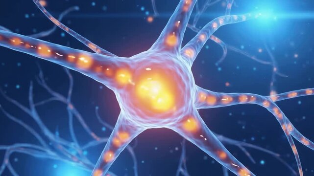 Detailed glowing neuron network representing brain cells, neural activity, neuroscience, medical research and biological connectivity