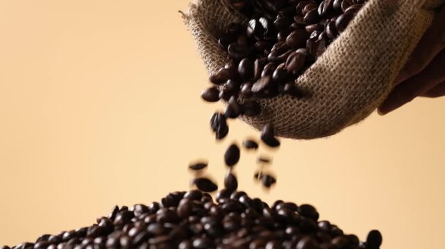 Roasted coffee beans pouring from a burlap sack onto a pile of coffee beans, showing the handling and movement of roasted beans.
