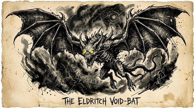 Eldritch monster bat drawing on aged parchment background