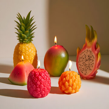Tropical fruit candle collection shaped like pineapple, mango, watermelon, and dragon fruit, bold vibrant colors, intricate wax textures, glowing flames.