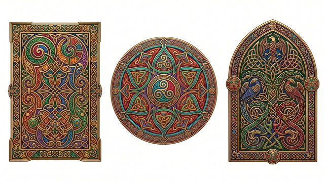 Celtic knotwork illustrations with intricate triskele patterns, ornate medieval illuminated manuscript art set, 3 vintage celtic designs featuring traditional interlaced borders and bird motifs