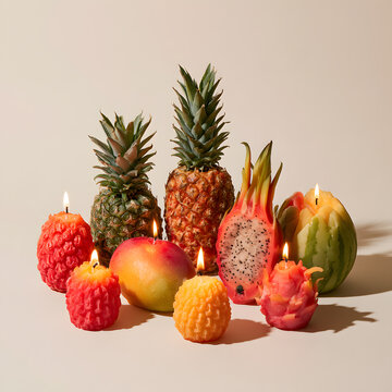Tropical fruit candle collection shaped like pineapple, mango, watermelon, and dragon fruit, bold vibrant colors, intricate wax textures, glowing flames.