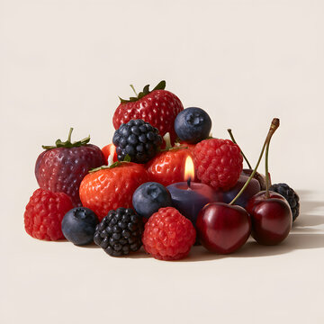Berry candle collection shaped like strawberries, blueberries, raspberries, and cherries, rich colorful wax, realistic fruit textures, small glowing wicks.