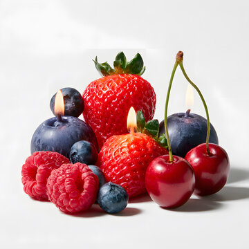 Berry candle collection shaped like strawberries, blueberries, raspberries, and cherries, rich colorful wax, realistic fruit textures, small glowing wicks.