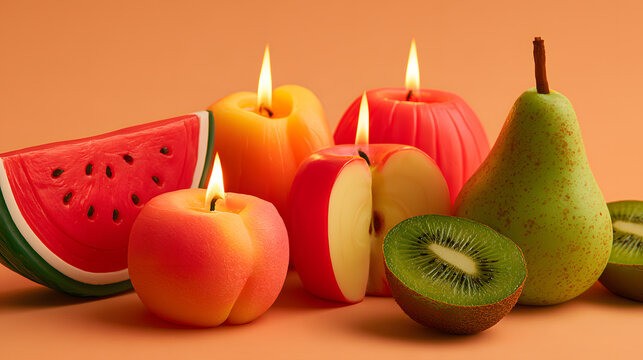 Cute fruit candle centerpiece shaped like a watermelon slice, peach, apple, pear, and kiwi, playful colorful designs, handcrafted wax texture.