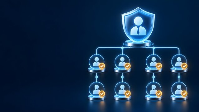 Secure organizational structure showing role based access control with user profile nodes and protective cybersecurity shield