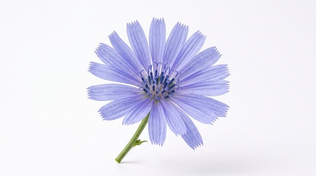 Single beautiful purple chicory flower blooming on a thin green stem