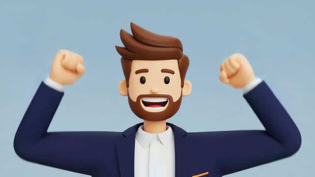 Happy Businessman Raising Both Arms in Celebration of Success, Achievement and Positive Professional Results