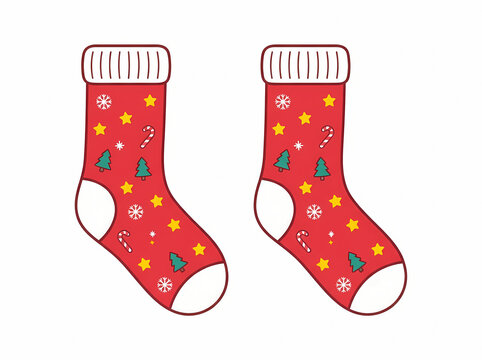 Vibrant pair of festive red christmas socks adorned with cheerful holiday patterns, depicted in a clean vector illustration against a plain white background for commercial use.