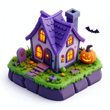 Miniature isometric Halloween spooky cottage with purple roof jack o lantern and gravestone 3D render