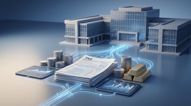 Tax documents, coins, financial assets and a government building connected by glowing digital pathways, illustrating tax revenue, fiscal policy and public funding.