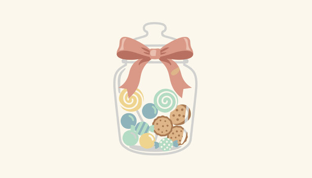 Charming transparent glass jar filled with colorful candies and chocolate cookies tied with a pink ribbon bow.