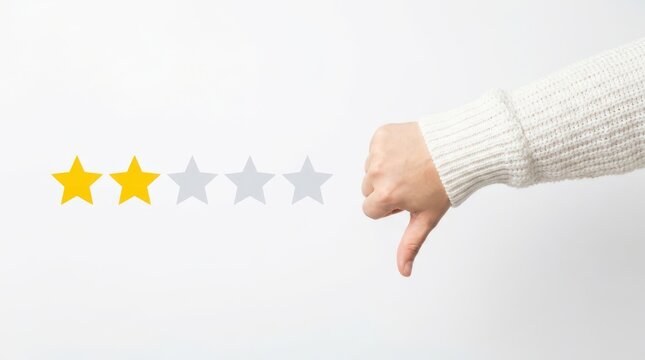 Hand giving a thumbs down gesture next to two yellow stars isolated on white background