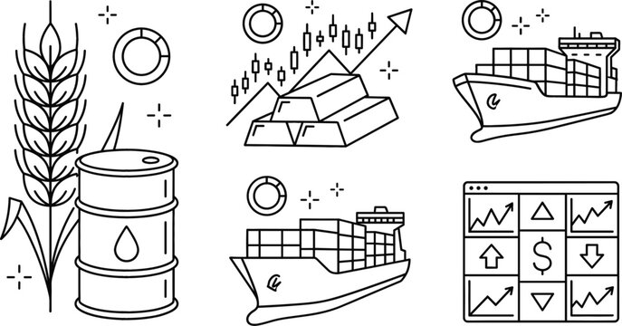 Commodity trading vector line art icon set including oil barrel gold cargo ship wheat isolated on white background