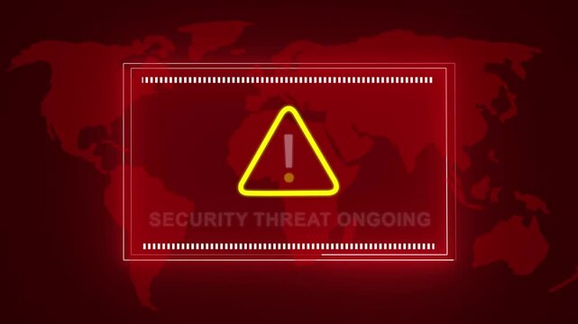 Digital cyber security alert warning featuring a flashing yellow hazard and global map background, for high-stakes network, protection, data breach, notification, and advanced, information technology