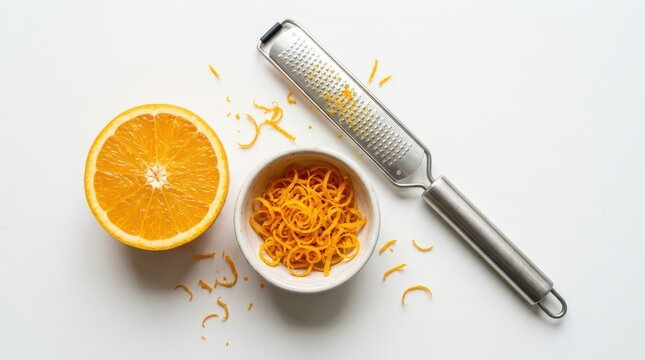 Fresh orange half, a metal zester, and a small bowl of orange zest isolated on white background