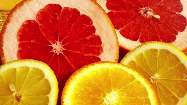 Vibrant Close-up of Fresh Grapefruit, Lemon, and Orange Slices Submerged in Sparkling Water