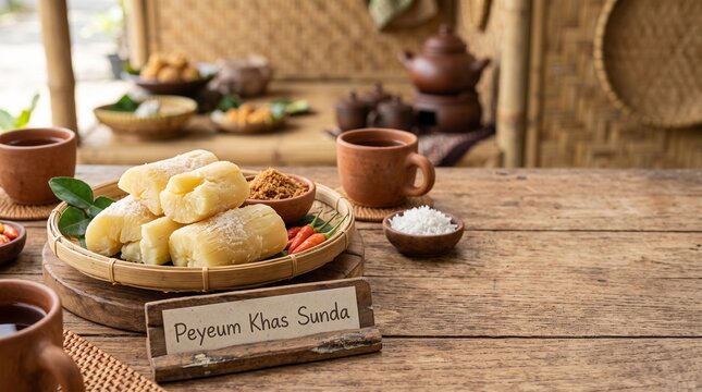 Traditional Sundanese fermented cassava (Peuyeum) dessert with various accompaniments on a rustic table