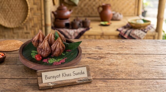 Traditional Sundanese brown sugar cakes (Burayot) with cherry on banana leaf plate