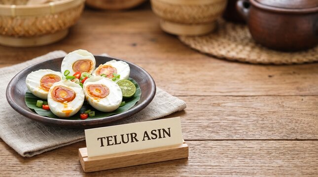 Traditional Indonesian salted eggs (Telur Asin) in a bamboo basket on a wooden table