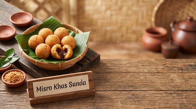 Traditional Sundanese Fried Cassava Balls filled with Brown Sugar (Misro) on Rustic Wooden Table