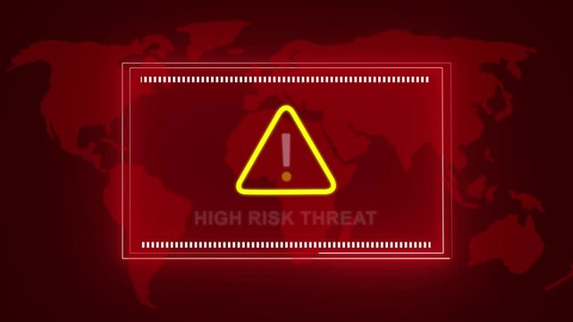 Risk threat alert warning digital interface with global map background, for cybersecurity breach, notification, data protection, emergency security systems, and international crisis monitoring