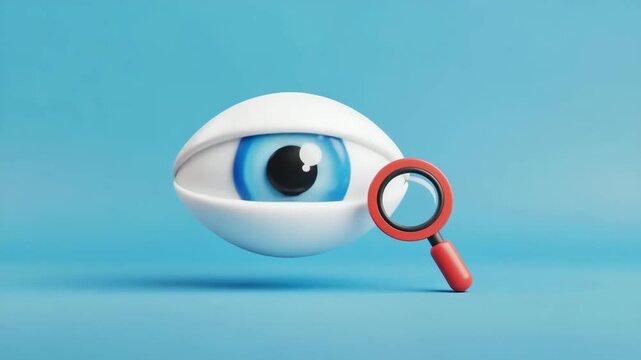 3D eye with magnifying glass representing search, inspection, vision, analysis, research and discovery