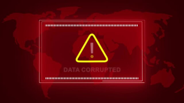Digital data corrupted warning alert system with flashing global map background, for cybersecurity breach, network failure, information, security risk, server, error, and critical, system protection