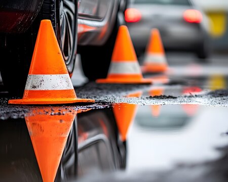 Orange traffic cones lined by parked cars with wet reflections