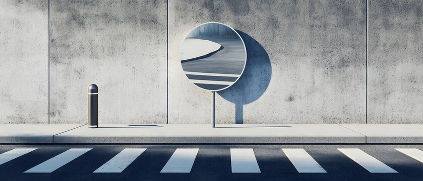 Round roadside mirror reflecting curved road by concrete wall