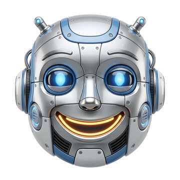 Friendly 3D Robot Head with Glowing Blue Eyes and Smile Isolated on White Background for AI Concept