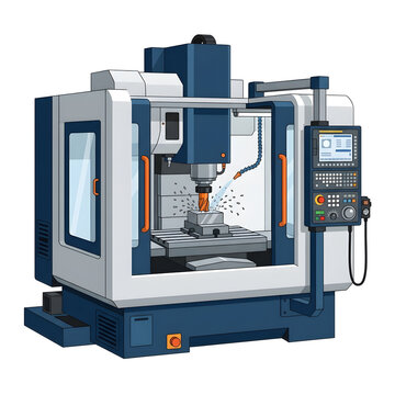 Industrial CNC Milling Machine with Digital Control Panel Cutting Metal Part Isolated on White Background
