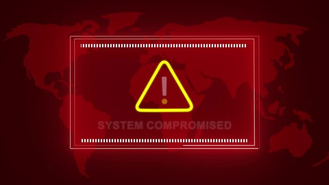 System compromised digital security alert warning featuring a flashing yellow hazard and global map background, for cyber attack, data breach, network, intrusion, and online, threat concepts