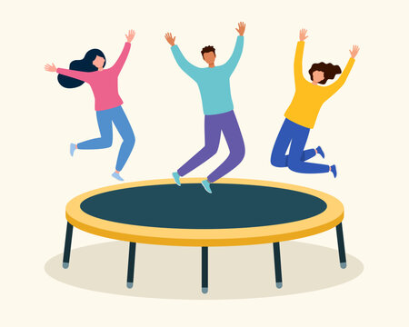 Teenagers jump on trampoline concept. Active lifestyle and entertainment. Young people having fun together flat vector illustration