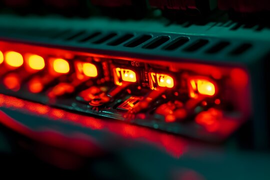 Red LED circuit board close-up with shallow depth and moody lighting