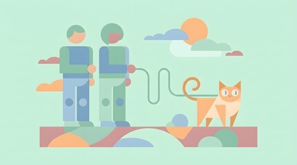 Fototapeta premium Cute Cartoon Cats and People Walking in Park Scene with Bright Colors