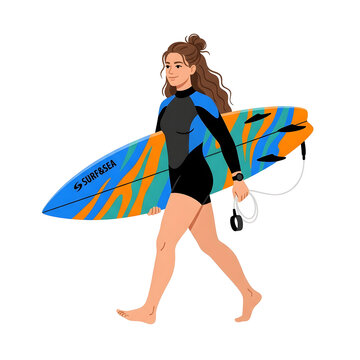 Athletic young woman carrying a colorful geometric pattern surfboard walking barefoot, vector illustration