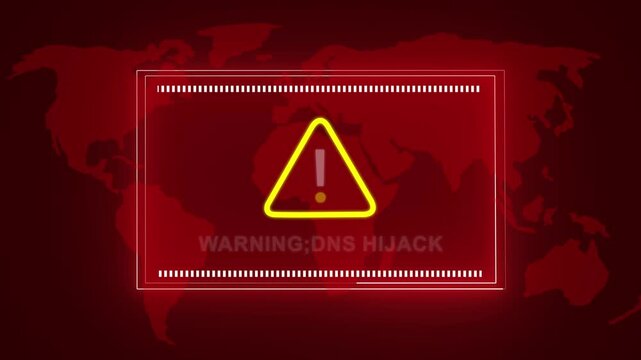 Critical dns hijack cyber security warning alert displaying on global digital map background, with pulsing red, emergency interface for, network threat detection, and online data protection