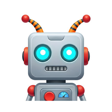 Friendly 3D Cartoon Robot Head Illustration with Glowing Blue Eyes and Antennas on White Background