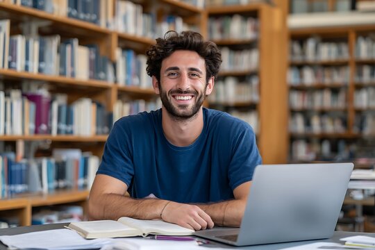 Happy Male Student with Laptop and Books in Library Portrait